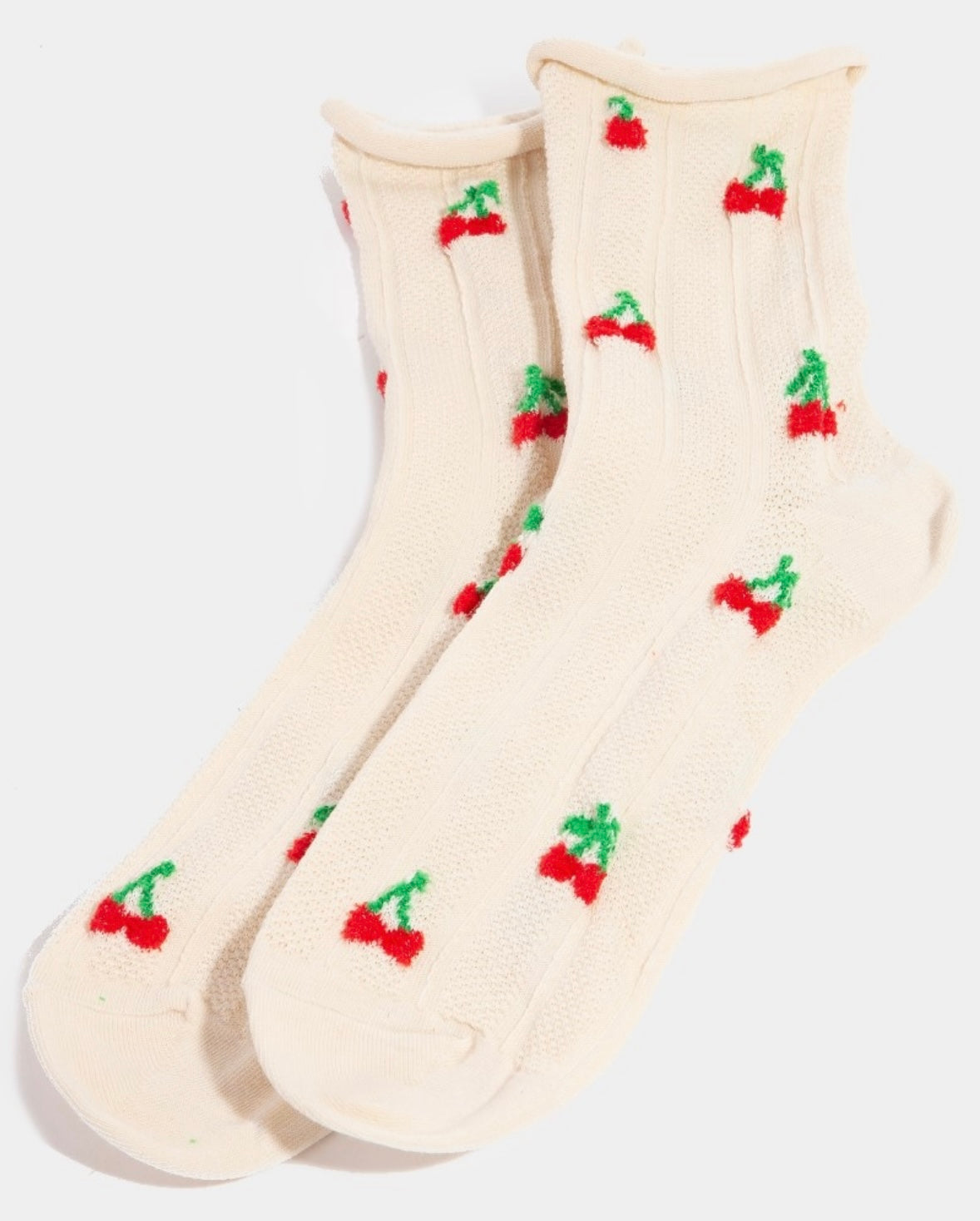 Picture of a pair of feminine white socks with small cherries all over them.