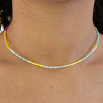 Colorful beaded necklace on a person's neck