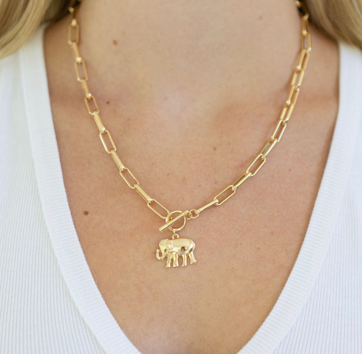 Gold chain necklace with an elephant pendant and toggle clasp worn by a person on a white background