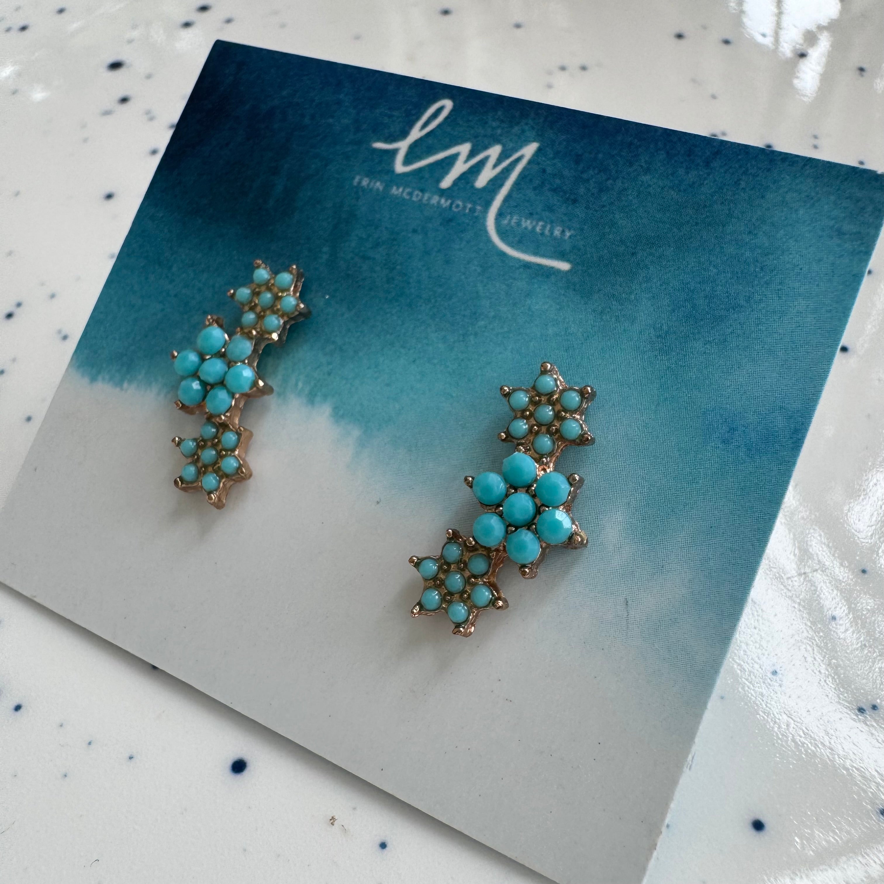 Pair of turquoise earrings on a branded card with a blue watercolor design.