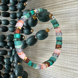 Picture of a bead bracelet in teals, pinks, browns and clear beads.