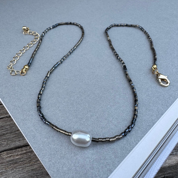 Metallic Seed Bead and Freshwater Pearl Necklace