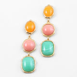 Set of dangle earrings in three pieces in gold with orange, pink and Mint Green stones.