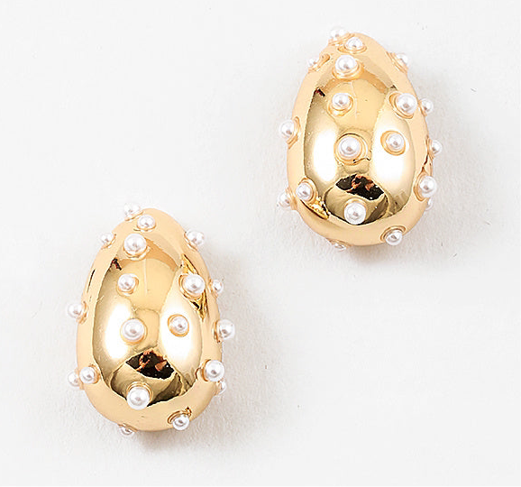 Picture of chunky gold tear drop studs with small pearls inlaid all over.