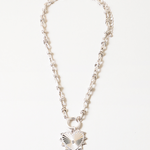 Silver necklace with a heart-shaped pendant on a white background
