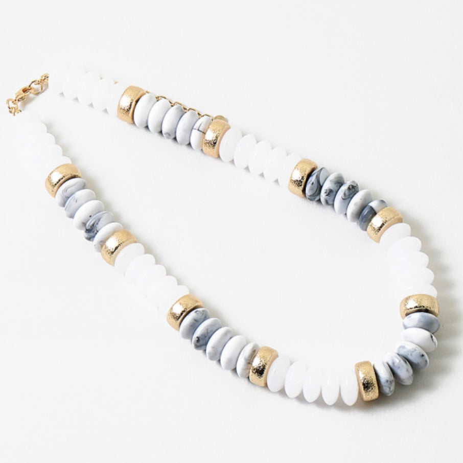 White, gray marble and gold bead resin necklace.