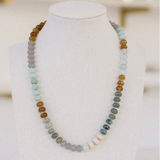 Picture of semi-precious stone bead necklace in browns, grays and turquoise.