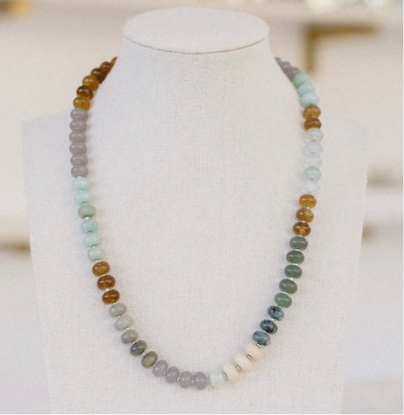 Picture of semi-precious stone bead necklace in browns, grays and turquoise.