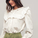 Picture of a model wearing a white long sleeved dress shirt. Shirt has a ruffle collar around the neck and breast and is a button up shirt.