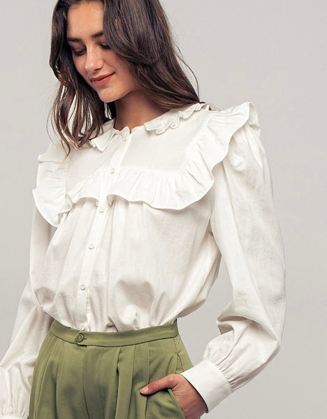 Picture of a model wearing a white long sleeved dress shirt. Shirt has a ruffle collar around the neck and breast and is a button up shirt.
