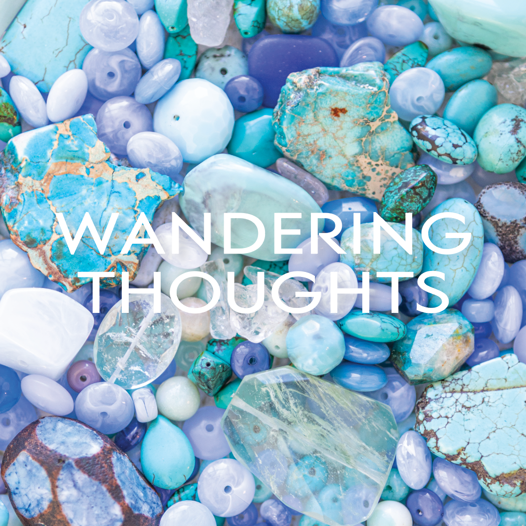 Book cover with turquoise and blue stones and 'Wandering Thoughts' text