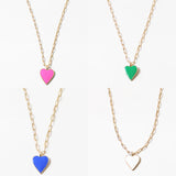 Four gold link necklaces with heart-shaped pendants in pink, green, blue, and gold on a white background.