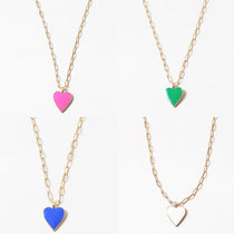 Four gold link necklaces with heart-shaped pendants in pink, green, blue, and gold on a white background.
