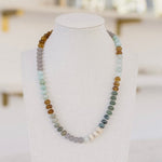 Picture of semi-precious stone necklace in brown, gray and turquoise colored beads.