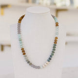 Picture of semi-precious stone necklace in brown, gray and turquoise colored beads.