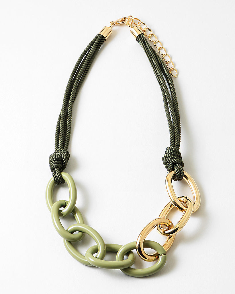 Green cord necklace with gold link and green link chain.