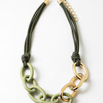 Green cord necklace with gold link and green link chain.