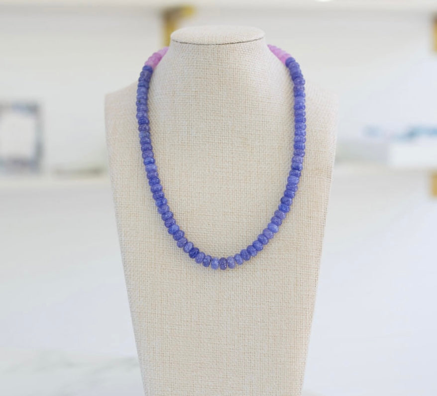 Picture of a blue resin bead necklace with a section of purple beads.