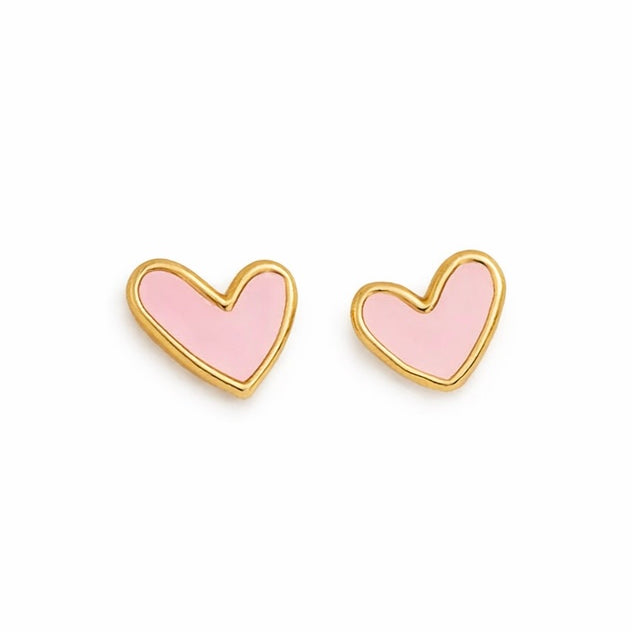 Heart-shaped earrings with pink centers and gold outlines on a white background