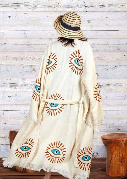 Cream Lucky Evil Eye Turkish Towel Robe