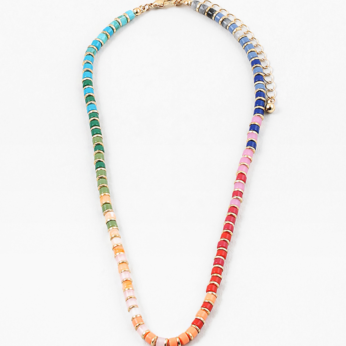Multicolor bead necklace in blues, greens, yellows, reds, pinks with gold spacers in between each.