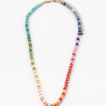 Multicolor bead necklace in blues, greens, yellows, reds, pinks with gold spacers in between each.