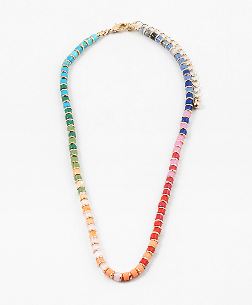 Multicolor bead necklace in blues, greens, yellows, reds, pinks with gold spacers in between each.