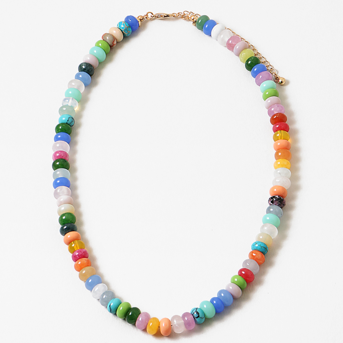 Multicolor bead necklace in blues, oranges, greens and whites.