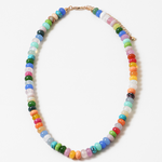 Multicolor bead necklace in blues, oranges, greens and whites.