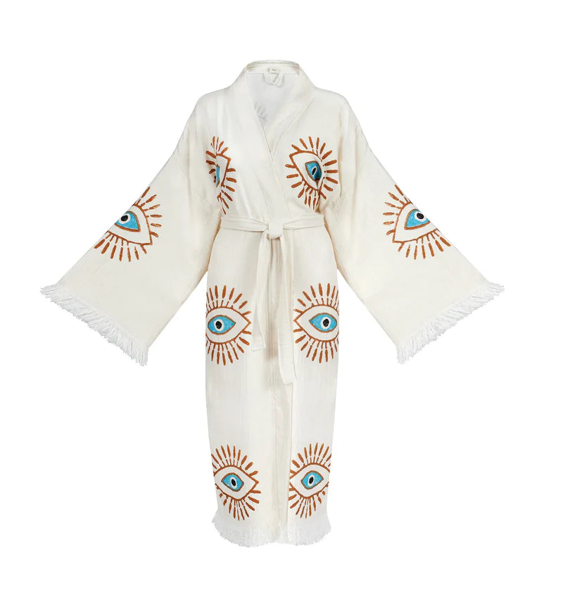 Turkish Cotton Evil Eye Robe In Green Turkish Cotton Evil Eye Robe In Green