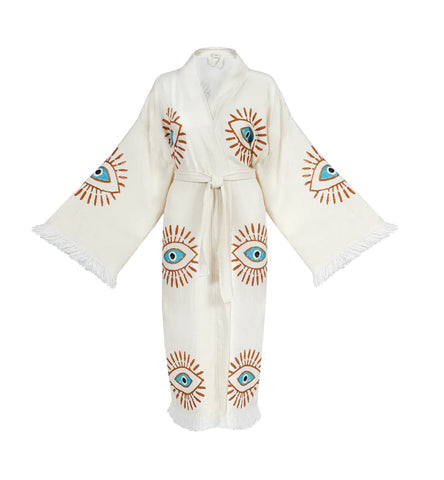 Cream Evil Eye Turkish Towel Robe