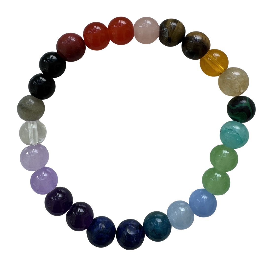 Multicolored beaded bracelet on a white background