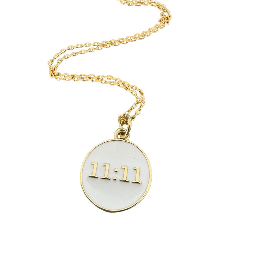 Necklace with a pendant displaying '11:11' on a white background