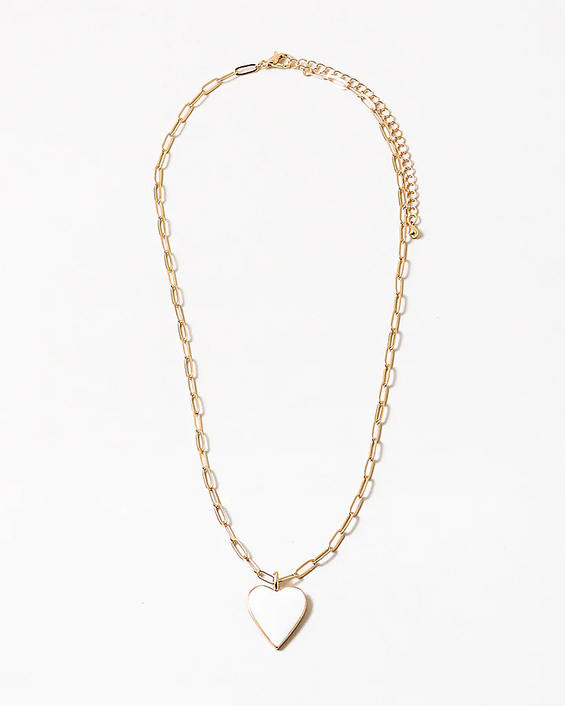 Fine rectangle link gold chain with a white enamel heart pendant.