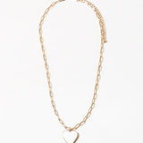 Fine rectangle link gold chain with a white enamel heart pendant.