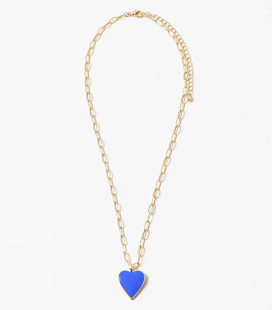 Fine rectangle link gold chain with a blue enamel heart pendant.