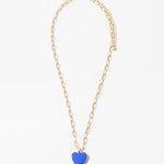 Fine rectangle link gold chain with a blue enamel heart pendant.