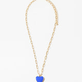 Fine rectangle link gold chain with a blue enamel heart pendant.